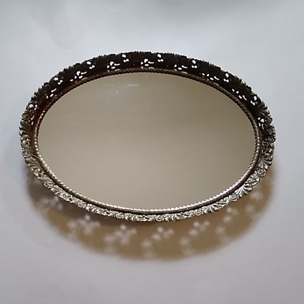 By Sale Vintage Oval Tone Gold Brass Vanity Perfume Tray Mirror - Picture 2 of 8